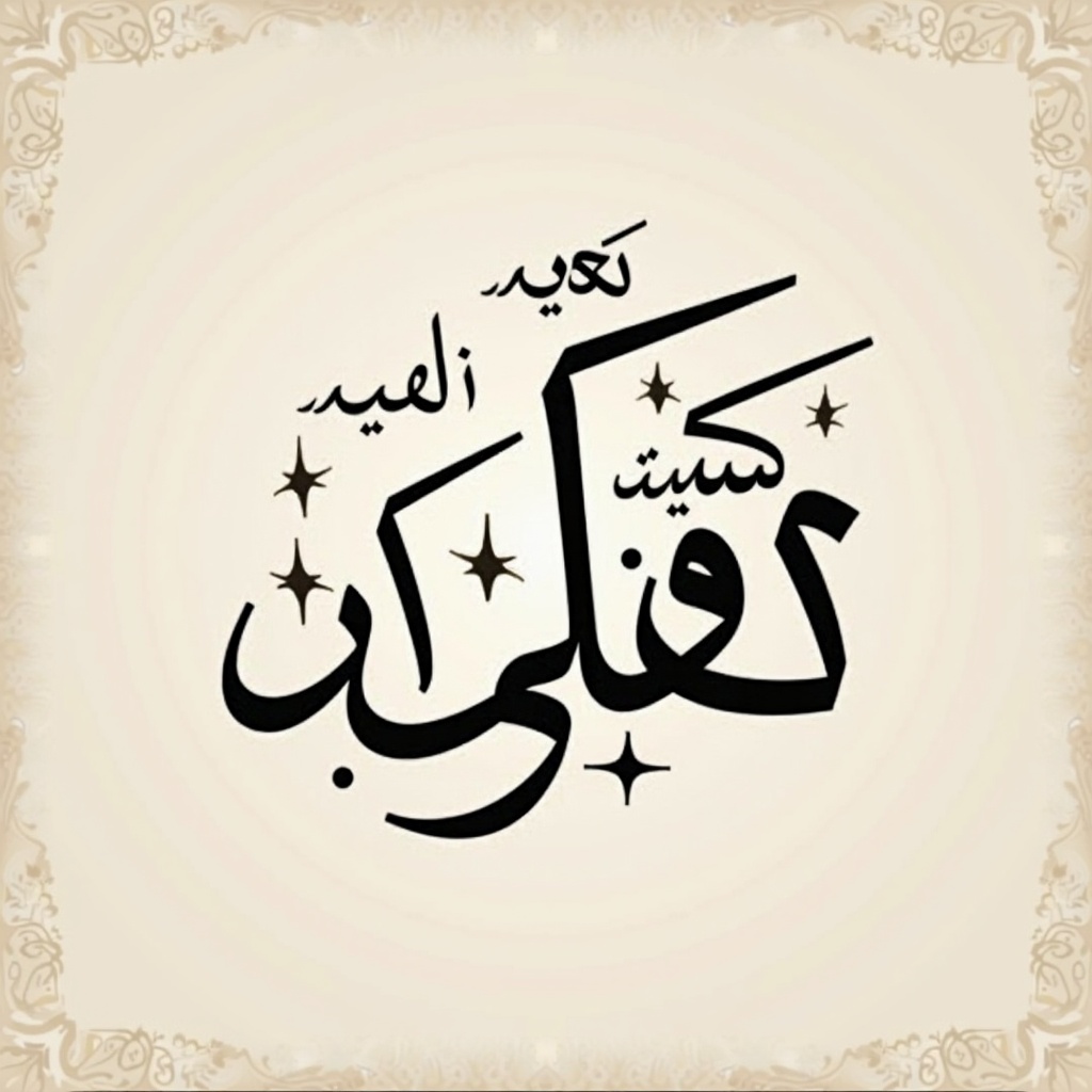 Artwork of Arabic calligraphy featuring the text. The design includes elegant calligraphic elements with stars around it. Simple background enhances the beauty.