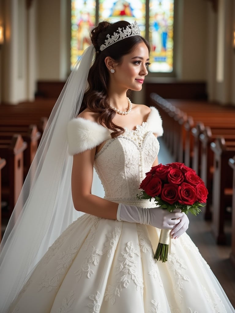 Young bride wearing an elegant wedding dress with a princess-style crinoline hoop skirt. The dress has scalloped lace overlay and intricate embroidery. It features a dramatic train. The bride wears long white gloves, pearl accessories, and a white mink wrap on her shoulders. Her long curly brown hair is styled in an updo with a crown and lace veil. The scene is set in a church aisle with stained glass windows. The bride holds a bouquet of red roses adorned with satin ribbons. The overall atmosphere reflects elegance and romanticism.