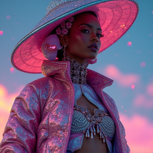 Futuristic avant-garde couture in a vibrant, dreamlike setting. An elegant figure wearing a wide-brimmed hat and intricate accessories. A mix of high fashion and street style elements with a galactic theme. The overall mood is visually striking and artistic.