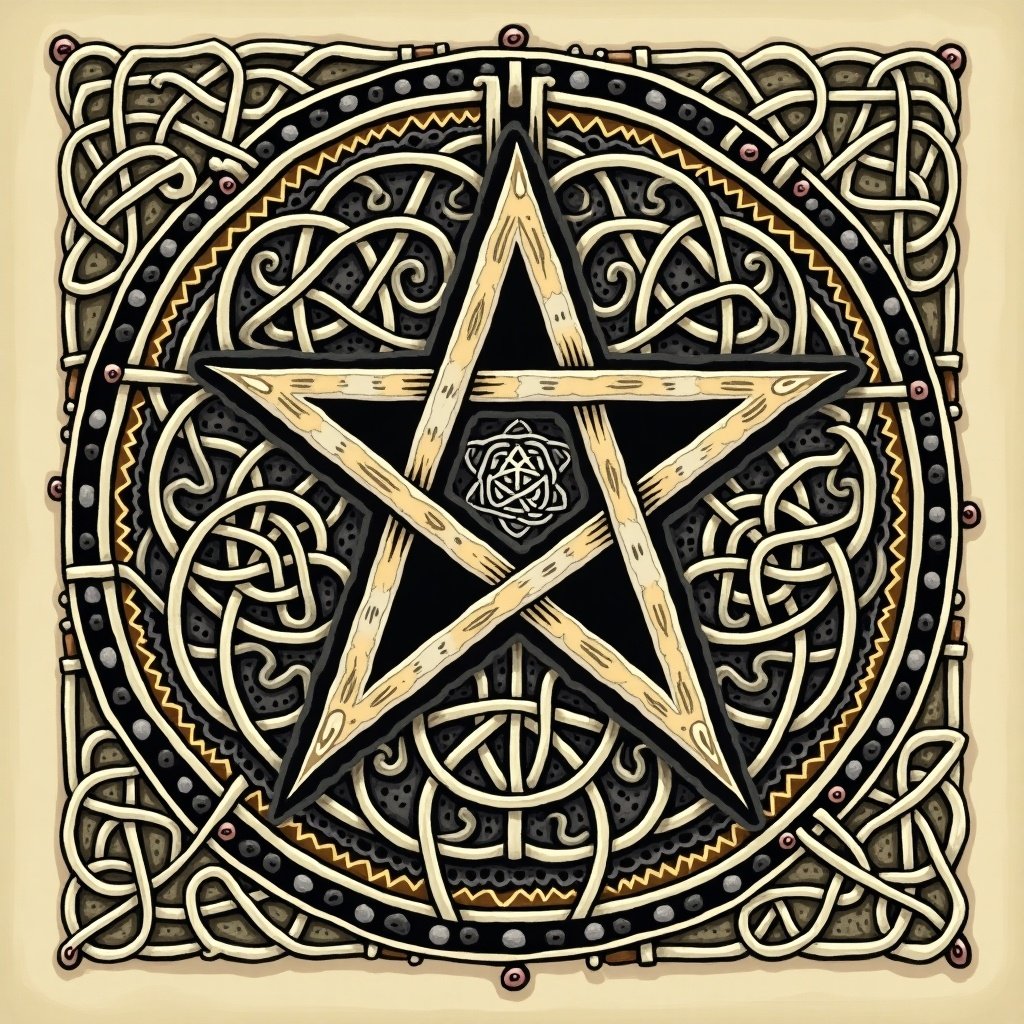 Illustration of Indo-Celtic symbol. Pentacle hidden in intricate pattern. Detailed and ornate design.