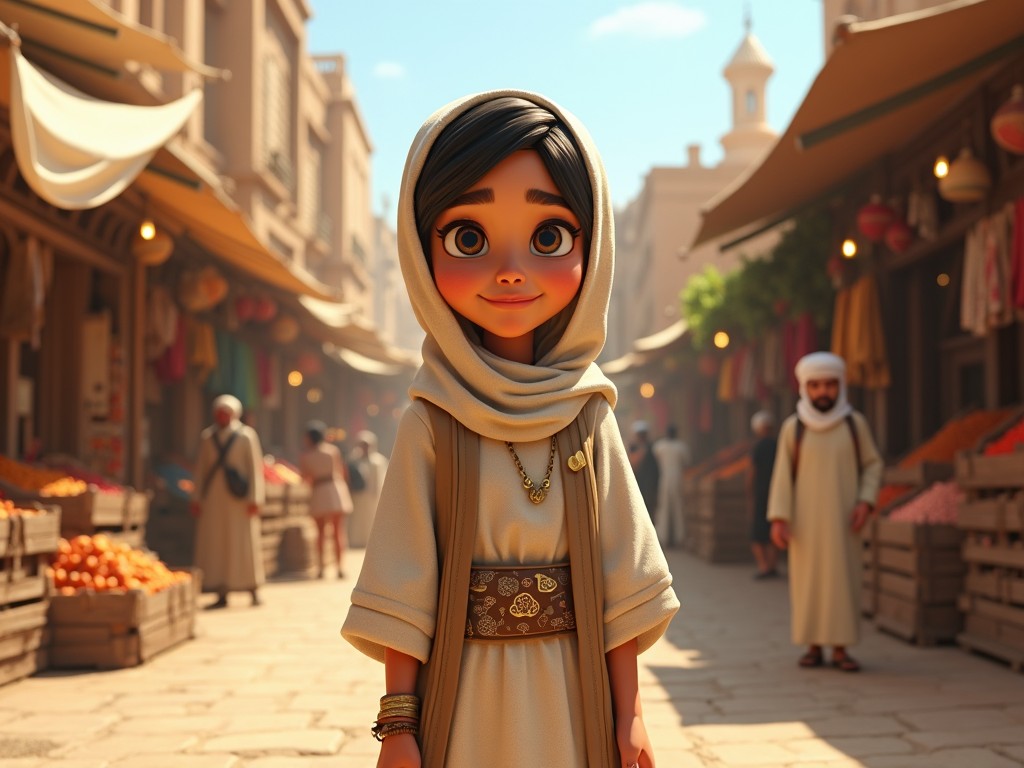 The image features a young girl inspired by the cultural heritage of Ahmed Subai and Hijazi traditions from Mecca in the 1960s. She wears a traditional hijab and attire, showcasing the vibrant everyday life of the local market. The setting is lively, filled with merchants and colorful displays of fruits and goods. The girl has a friendly, inviting expression, embodying the warmth of the community. The composition captures both the character and the bustling environment, highlighting the rich cultural tapestry of the time.