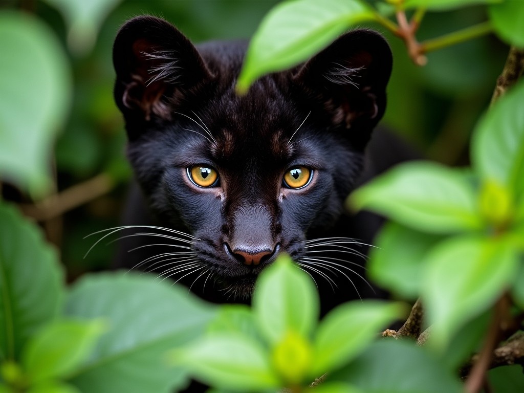 A black panther is concealed among lush green leaves, its striking features and intense gaze captured in a captivating photograph. The panther's deep black coat contrasts beautifully against the vibrant greens of the foliage. It stares directly at the camera, showcasing its piercing yellow eyes that draw viewers in. This image conveys a sense of mystery and majesty in the animal kingdom. The composition emphasizes the panther's blend with nature, yet its powerful presence stands out distinctively.