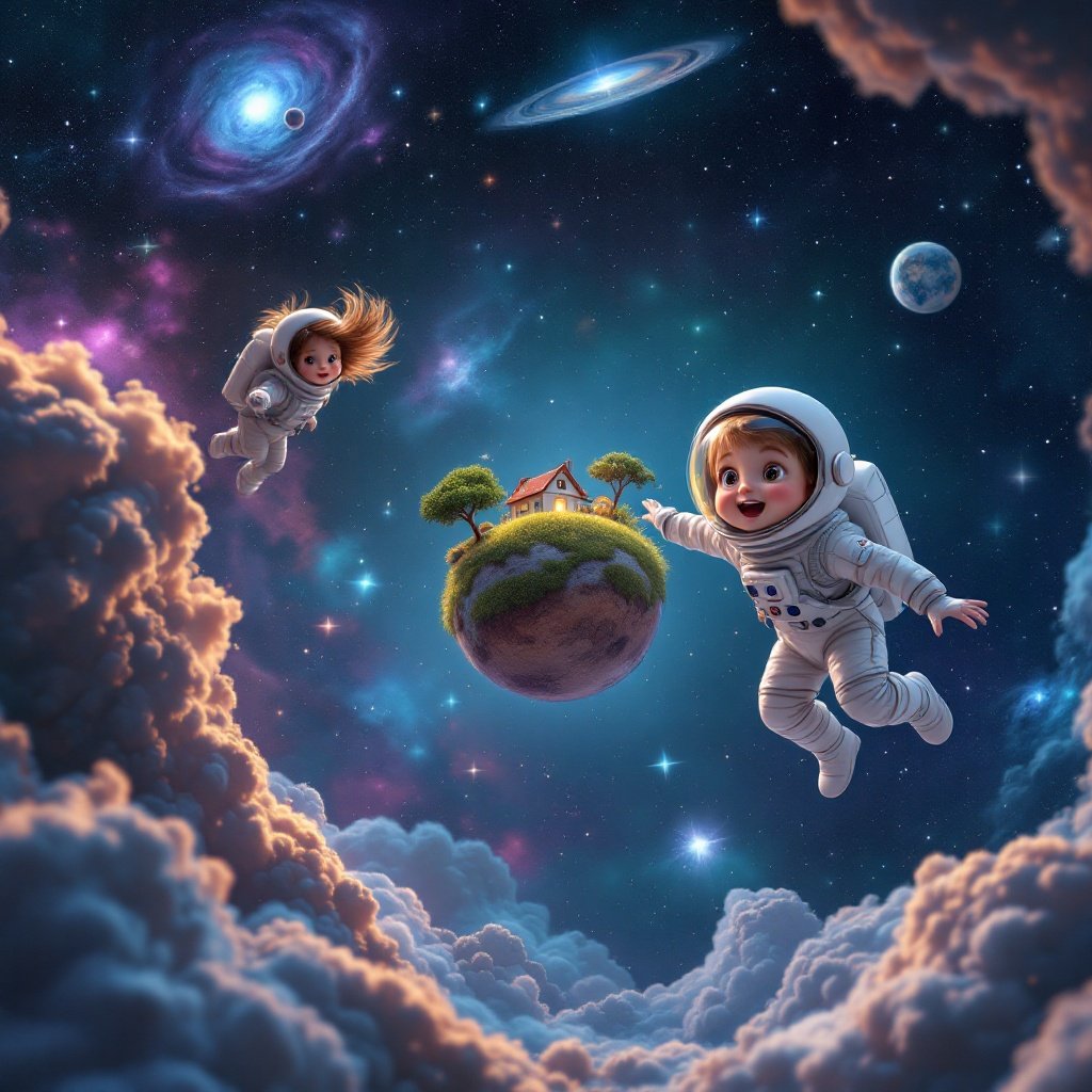 Enchanting scene captures childhood imagination. Happy boy and girl float in space. Astronaut suits reflect excitement. Tiny planet with a house symbolizes beauty. Dazzling stars and nebulae create a magical atmosphere. Expressions show delight and curiosity as explorers.