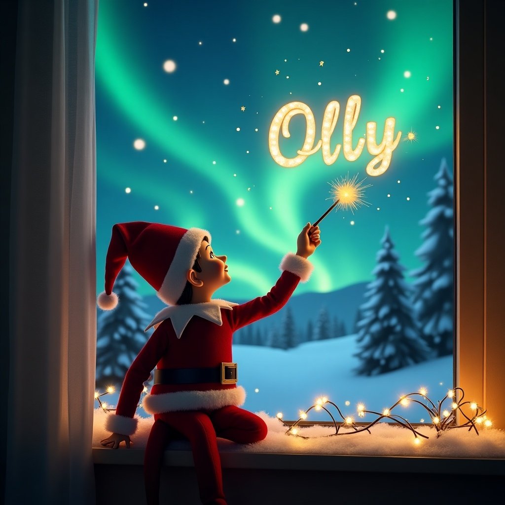 Elf on the shelf with back facing the viewer. Facing magical night sky. Using wand to write Olly in the sky. Northern lights in background. Snowy trees outside the window. Cozy Christmas vibe.