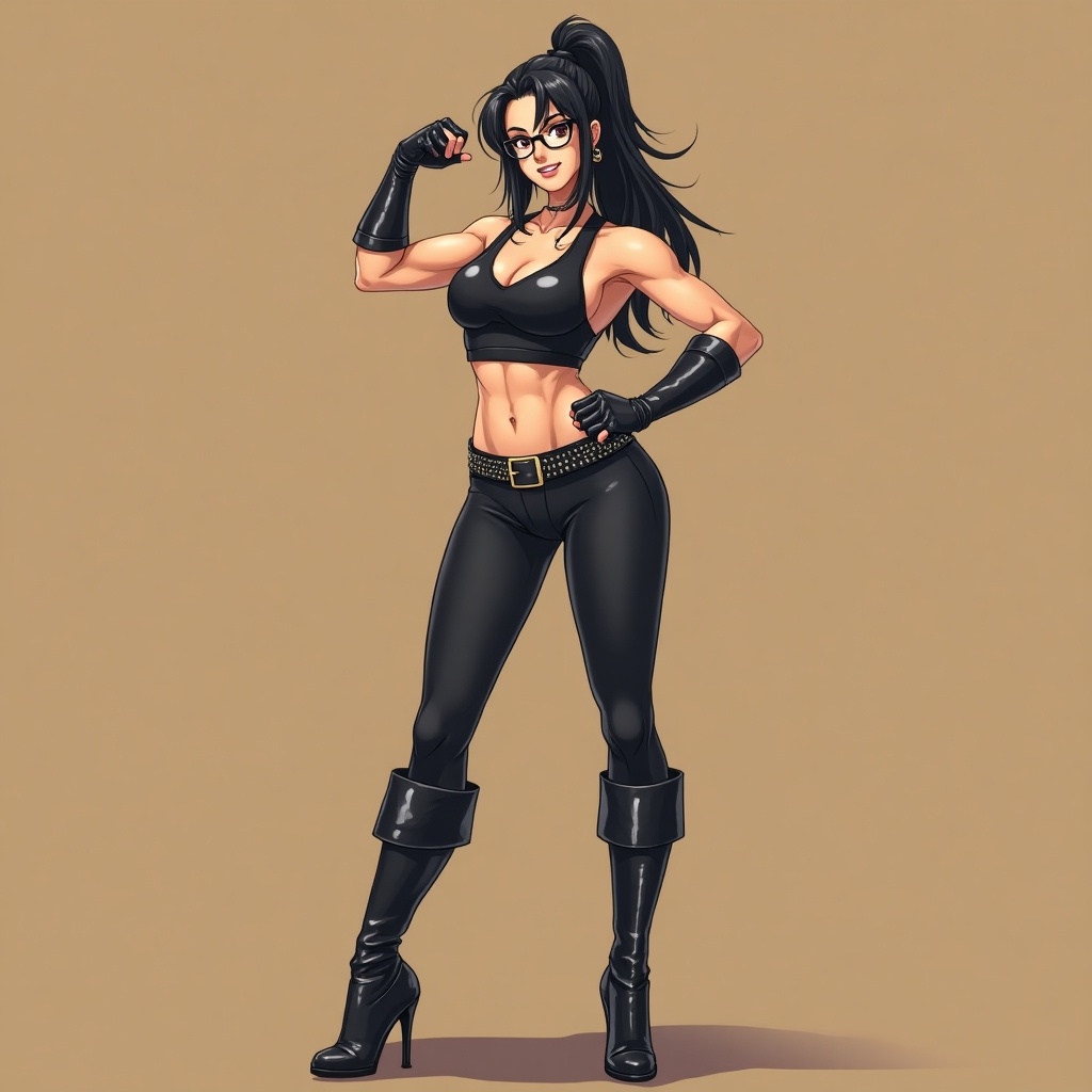 Anime-style character in a dynamic pose. Long black hair in a high ponytail. Stylish glasses. Form-fitting black outfit against plain brown background. Toned physique radiating sensuality. Proudly flexes muscular biceps. Sleek high-gloss leather top. Spandex leggings showcase athletic build. Wide studded belt accentuates hourglass figure. Leather gloves add edginess. Knee-high black leather boots with high heels. Bright captivating smile exudes self-assurance and strength.