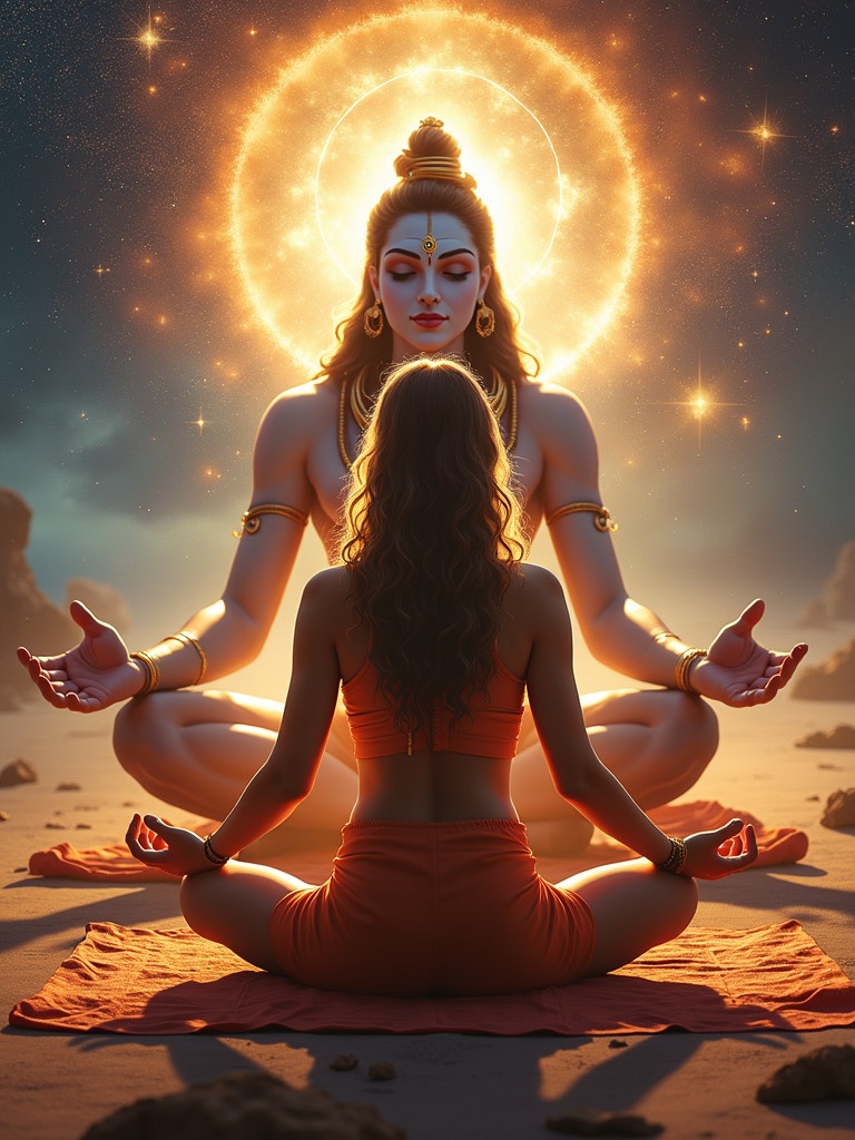 Image of Lord Shiva seated behind a woman in yoga pose surrounded by divine light and cosmic elements. The scene conveys a sense of spirituality and peace.