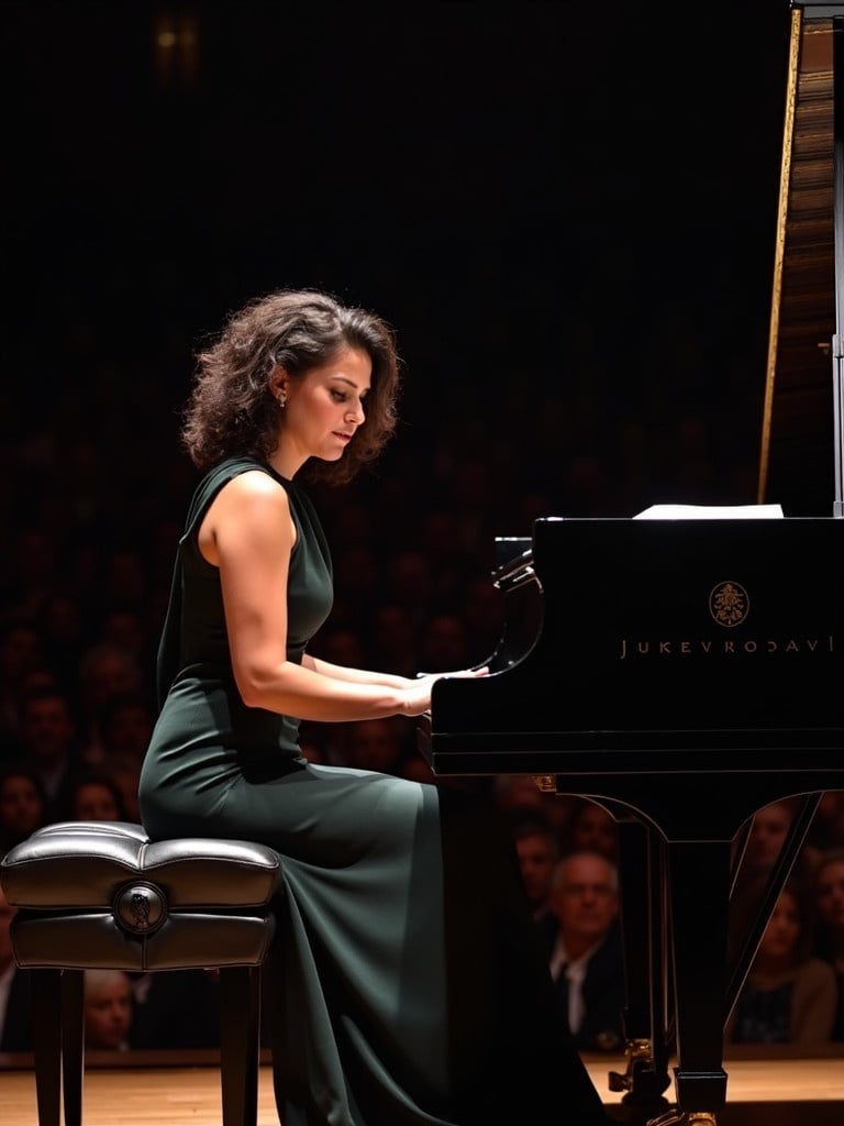 Pianist performing on stage wearing a green dress. The atmosphere of a classical concert. Black grand piano on stage illuminated by soft lights. Audience partially visible in the background.