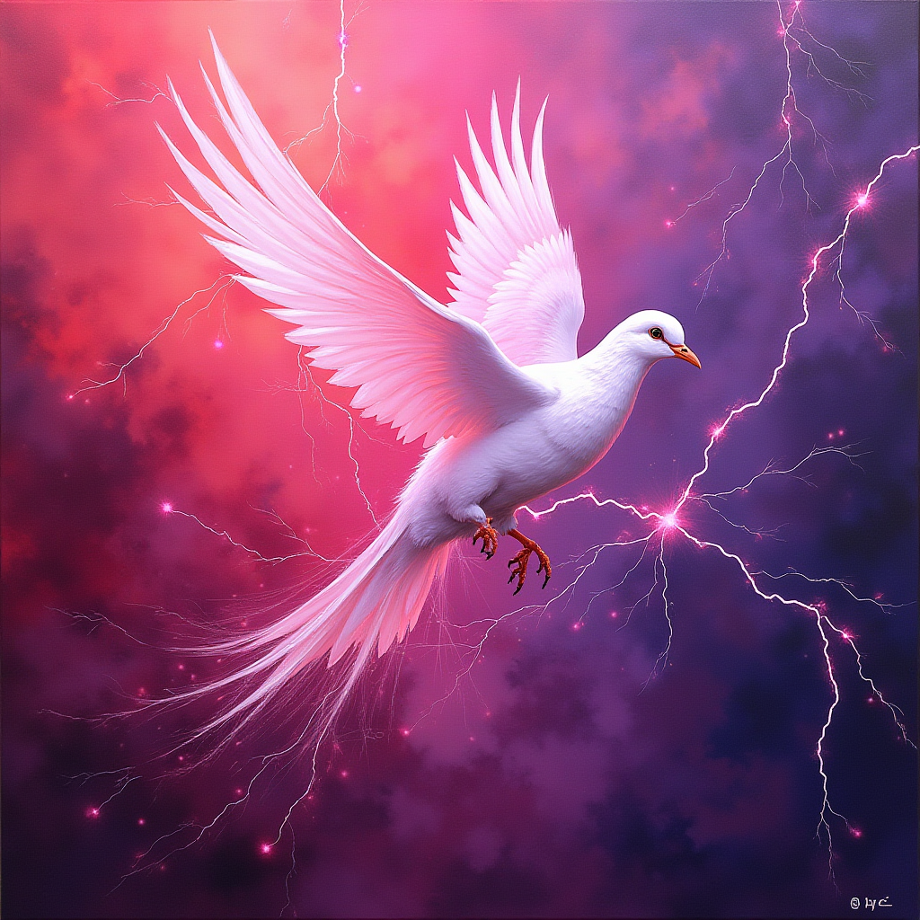 A white dove soaring through a stormy sky illuminated by vibrant lightning.