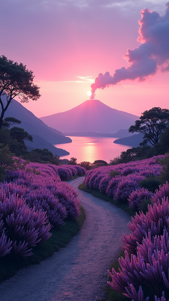 A picturesque scene of a winding path through fields of vibrant lavender leading towards a distant volcano at sunset.