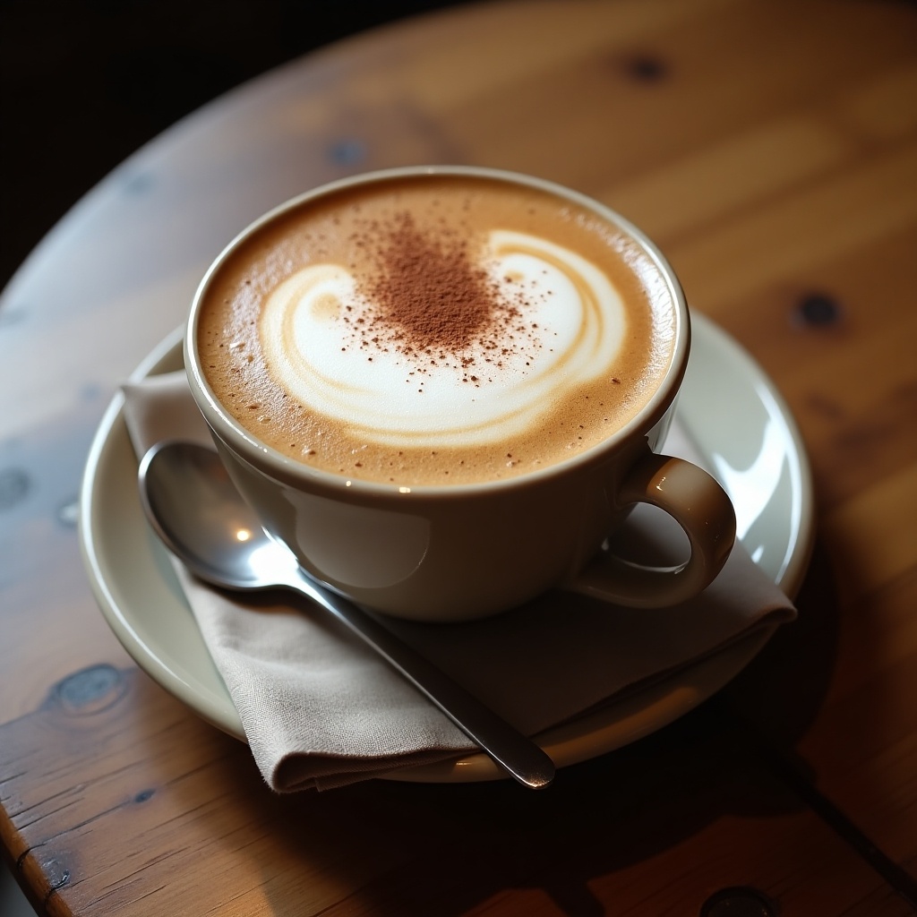 This image features a beautifully crafted cappuccino served in a white cup. The cappuccino has a rich, frothy layer with a delicate dusting of cocoa powder on top. It is placed on a light-colored saucer, accompanied by a small napkin and a spoon. The setting includes a warm wooden table that enhances the cozy atmosphere. The soft, natural lighting brings out the creamy texture and the intricate design of the coffee's foam. A lovely depiction of a comforting beverage, perfect for coffee lovers.