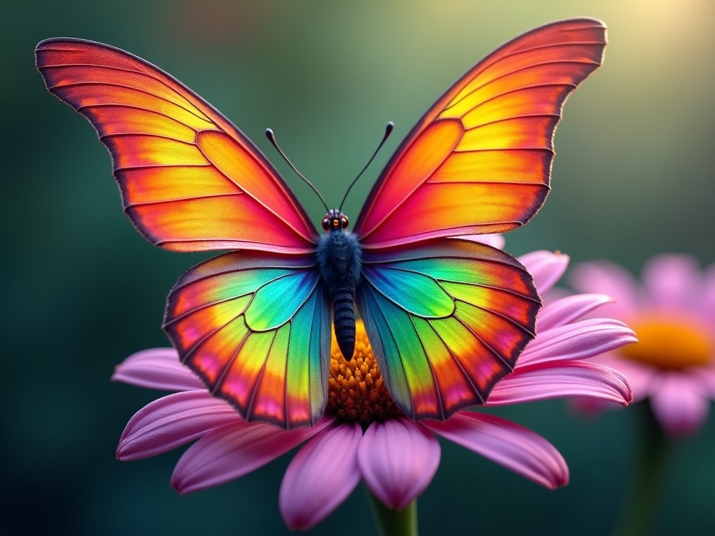 This stunning digital rendering captures a colorful butterfly resting effortlessly on a flower. The butterfly's wings are a vivid mix of neon shades, with intricate patterns of orange, green, pink, and blue. This creates a captivating contrast against the softly focused background. The lighting accentuates the iridescence of the wings, highlighting the butterfly as the main focal point. Overall, this image beautifully showcases the elegance and beauty of nature.