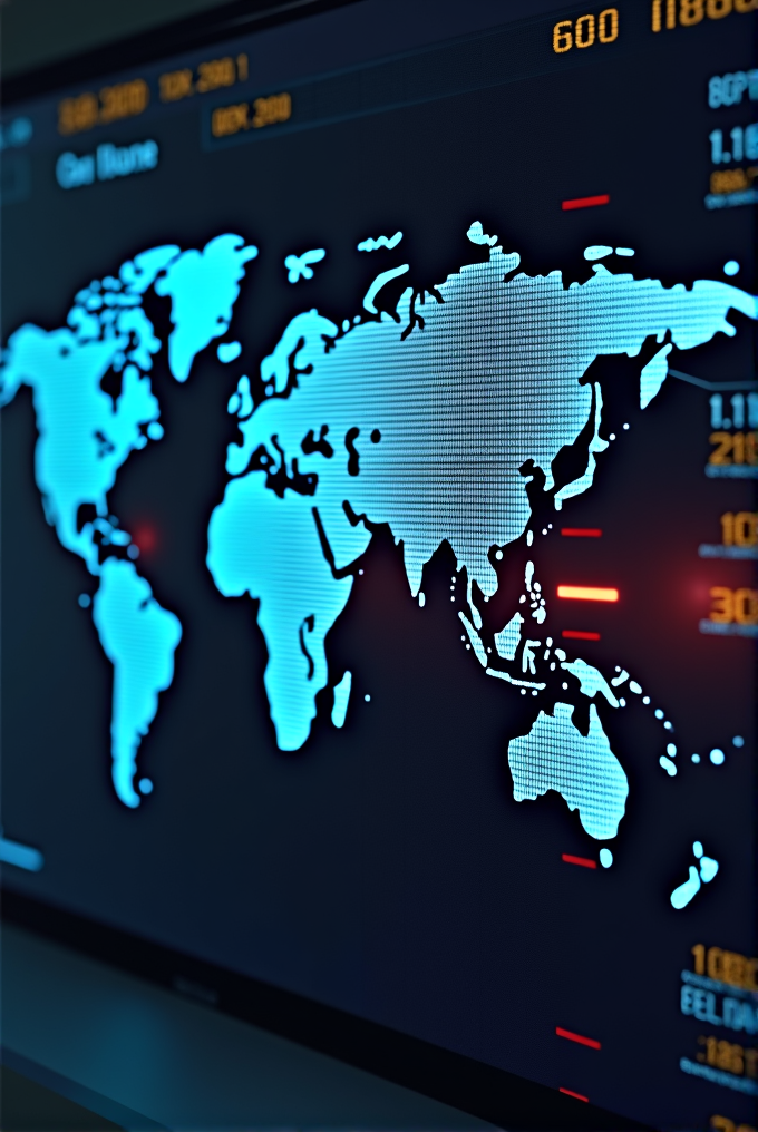 A digital display shows a glowing world map with numerical data and coordinates.