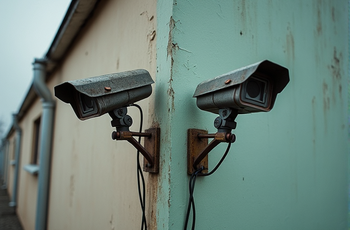 Two weathered security cameras are mounted on adjacent walls of a building corner, one painted beige and the other light blue, capturing a scene with overcast lighting.