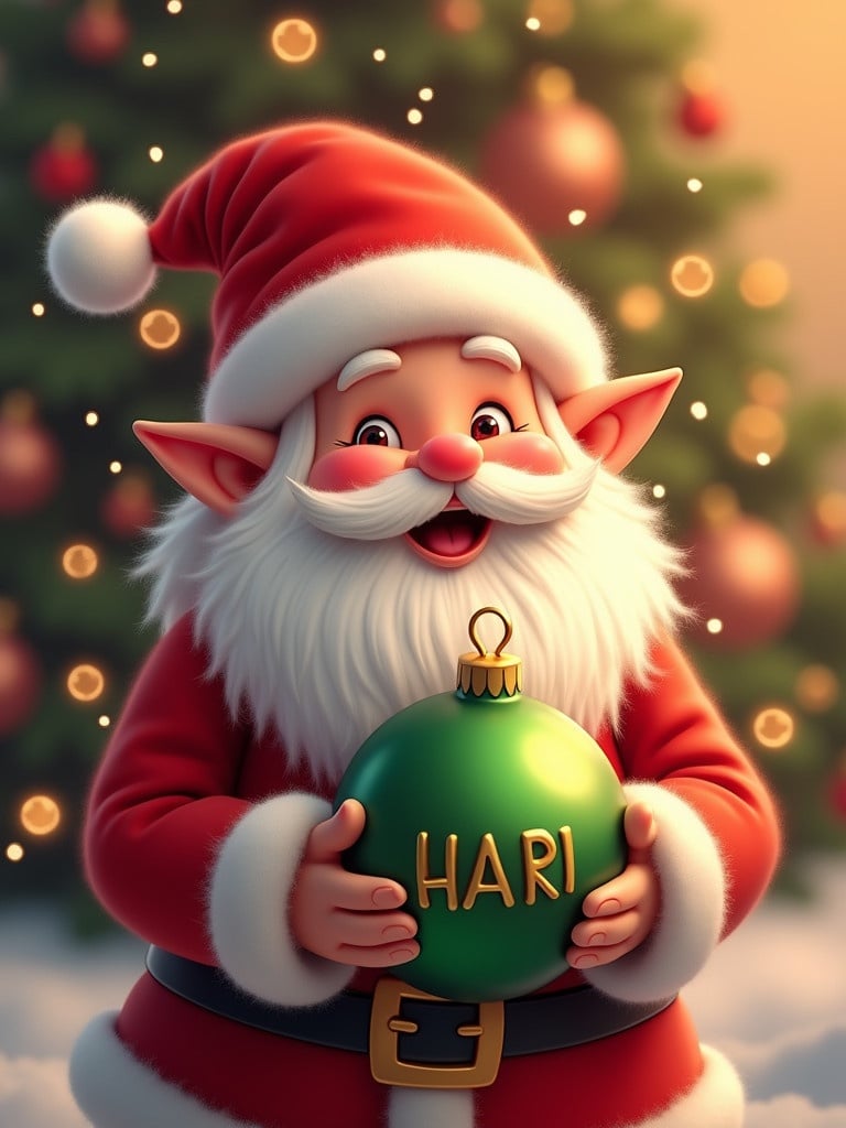 Cheerful elf dressed in vibrant red attire. Fluffy white hat and long beard. Holding green Christmas bauble with name HARI. Soft warm lighting creates festive mood. Shimmering bokeh background filled with golden orbs. Expressive eyes and gentle smile. Captures essence of Christmas.