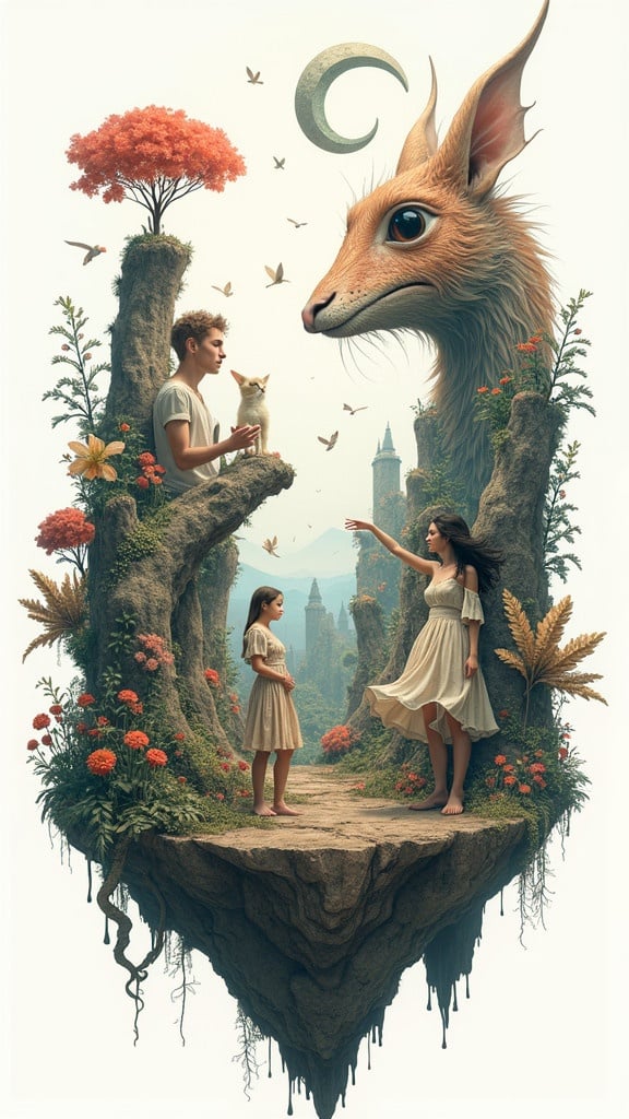 A surreal scene showcasing two children interacting with a giant rabbit. The setting features colorful flora and fauna creating a whimsical environment. Dreamlike atmosphere with a crescent moon in the background. Fantasy elements throughout the image. Inspiration from surreal artists Wojciech Siudmak and Boris Vallejo. Exudes imaginative creativity.