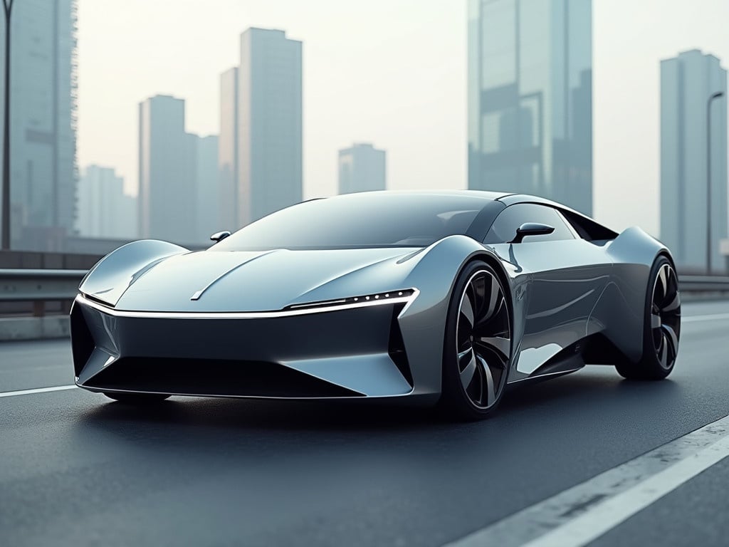 Futuristic electric car on a city road. City skyline in the background. Sleek design with modern features. Soft lighting and a serene atmosphere. Focus is on the car's innovative silhouette.