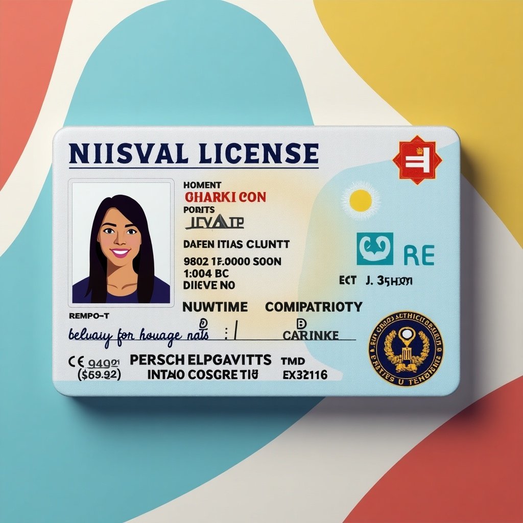 Create a driver's license design with unique elements. Include standard ID features and vibrant colors. No personal information should be recognizable.