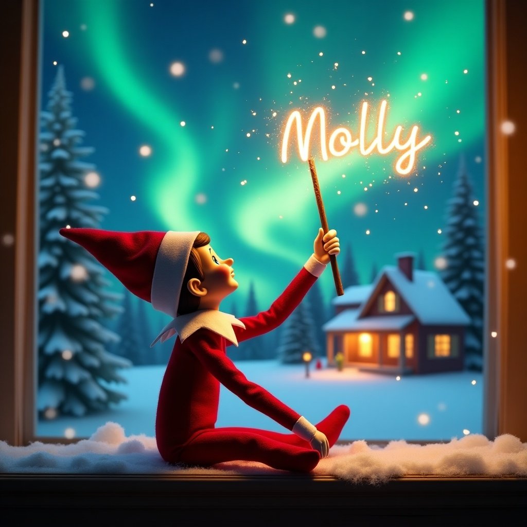 An elf on the shelf sits playfully with its back to the viewer. It gazes skyward while holding a glowing wand. Colorful northern lights swirl above in a Christmas scene. A cozy house appears in the distance, decorated for the holidays. Snow covers the ground, creating a winter atmosphere. The name ‘Molly’ is written in the air, representing holiday cheer.