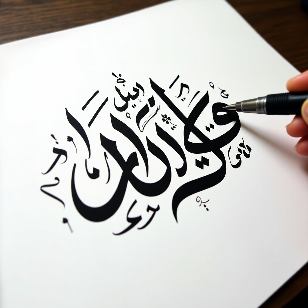 The image showcases a beautifully crafted piece of Arabic calligraphy. It features the quote إنَّ الشاب التائب حبيب الل..., rendered in bold black ink against a stark white sheet. The calligraphy is detailed, with elegant strokes and flourishes that enhance its beauty. A hand holds a pen, emphasizing the personal touch of this artistic creation. Soft lighting casts gentle shadows, showcasing the intricate designs and precision of the calligraphy technique.