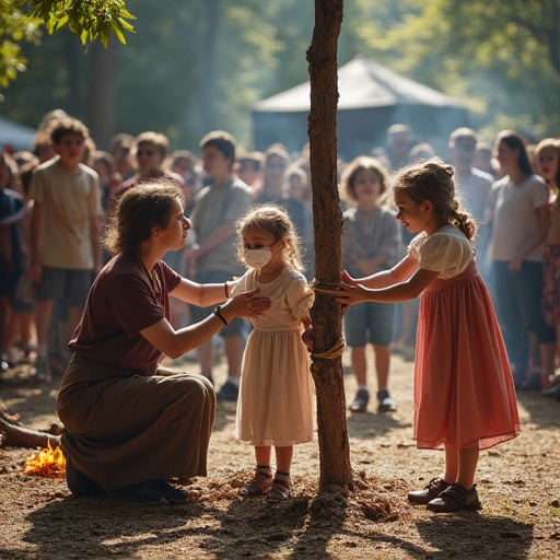 Mother ties daughter to a pole. Outdoor scene with branches and logs. Daughter wears oversized pacifier. Other children tied to nearby poles. Fake fire burns underneath. Bright atmosphere with background people. Children pretend to be burned at the stake.