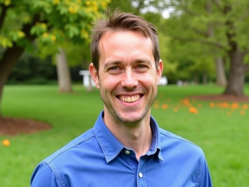 The image features a man outdoors, smiling with a bright and friendly demeanor. He has short, light brown hair and is wearing a blue button-up shirt. The background includes lush green grass and trees with hints of yellow, indicating a pleasant day. This portrait captures a relaxed and joyful atmosphere. The subject stands confidently, embodying a positive and approachable character.