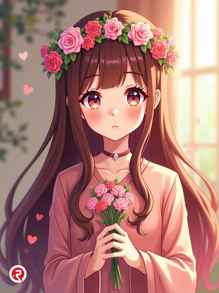 Cute Kuwaiti anime girl holding a bouquet of flowers. She wears a floral headband and is around ten years old. Bright warm setting with soft lighting. Hair is long and flowing. Background is minimal with hints of nature. She has a gentle smile.