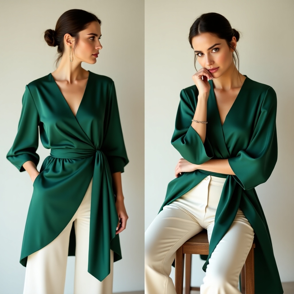 A poised lady stands confidently against a minimalist backdrop, wearing a chic silk wrap top in deep emerald green. Her hair is styled in a sleek low bun, accentuating the elegance of the deep V-neckline. The flutter sleeves catch subtle light as she places one hand lightly on her hip and tilts her head slightly, her gaze fierce yet inviting. In another shot, she’s seated on a modern stool, legs crossed, showcasing the asymmetrical hemline that flows gracefully over high-waisted ivory trousers. One arm drapes casually over the backrest, her other hand resting on her chin, exuding effortless sophistication.