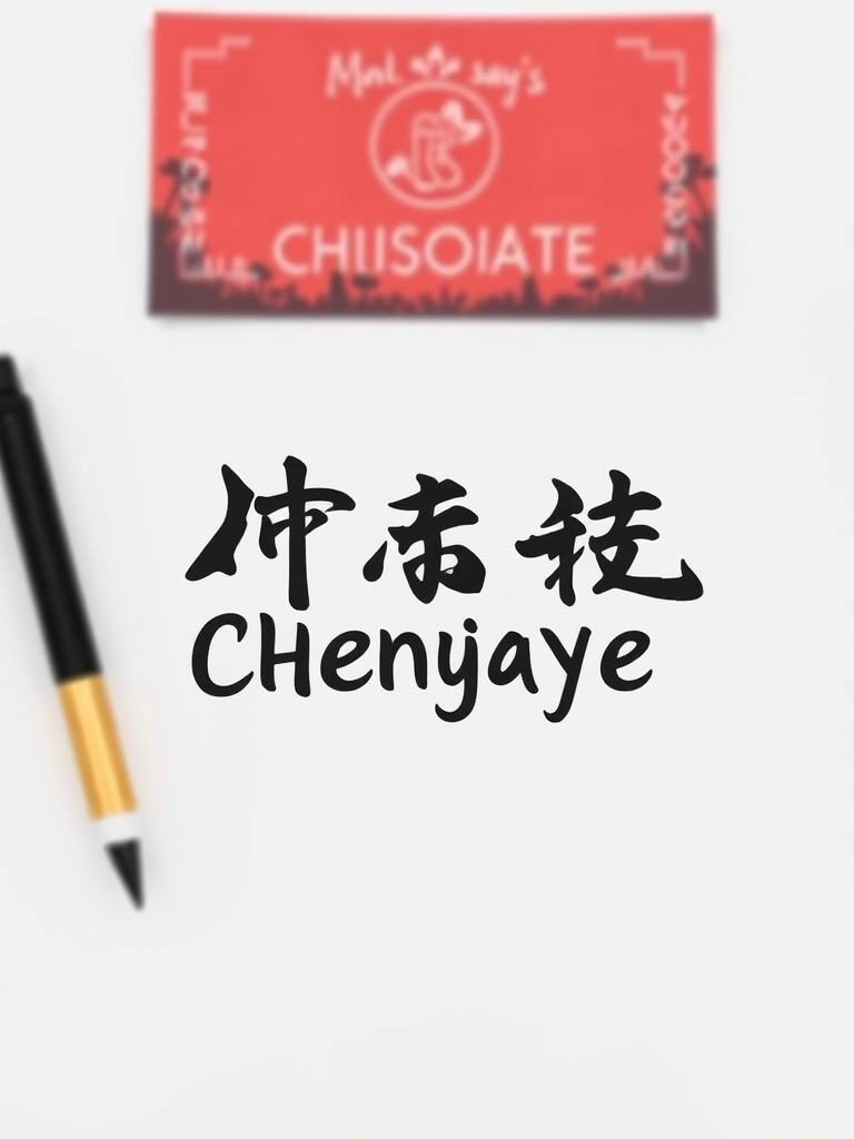 A calligraphy brush pen and text juxtaposed with a red sign featuring various symbols and words.