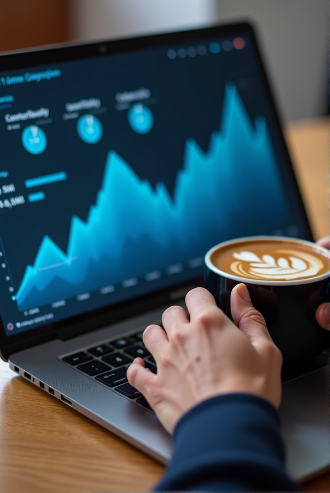 A person holds a latte art coffee while working on a laptop displaying a graph.