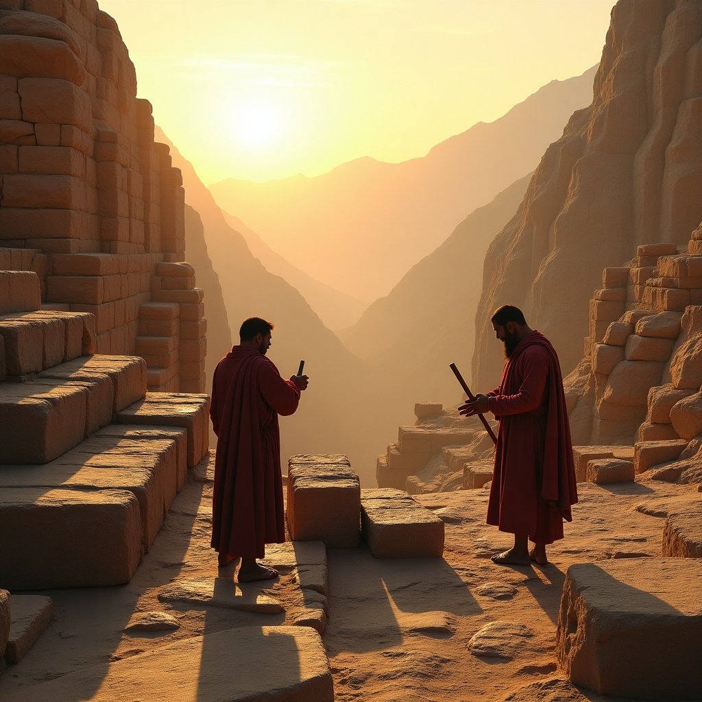 Ancient building made with precision using mathematics. Figures in traditional attire collaborate in a serene setting. Sunset light enhances the beauty of rocks and stone blocks. Majestic mountains are in the background. Moment captures artistry and historical significance.