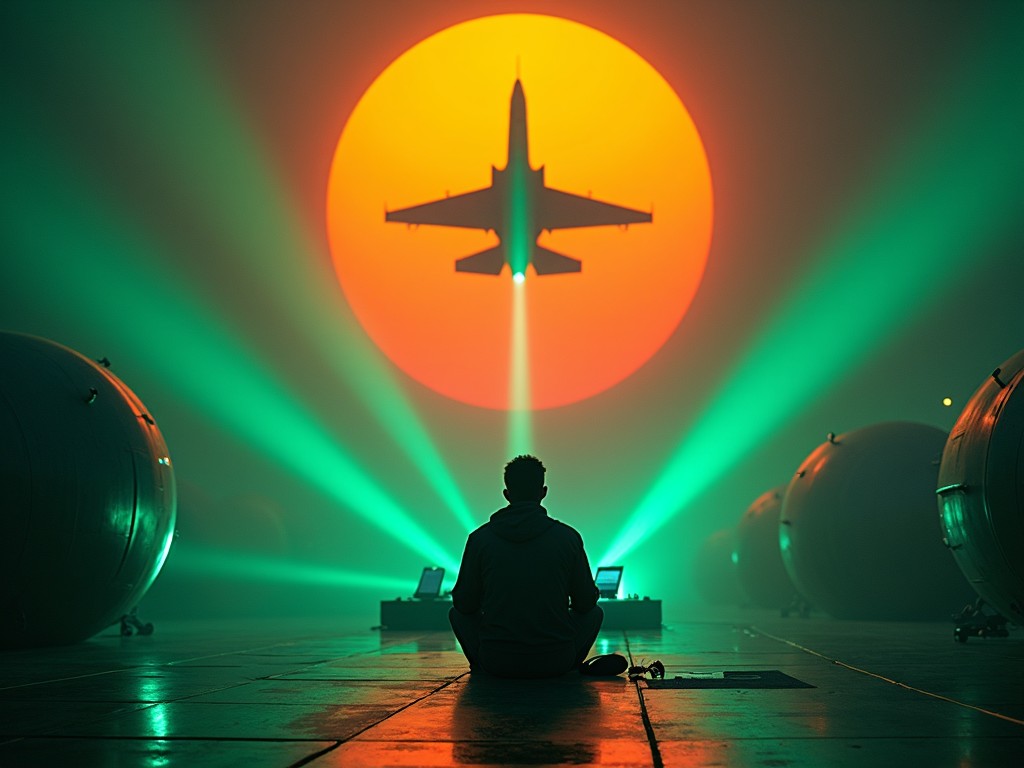 The image captures an engineer sitting on the ground, deeply focused on programming a large machine in a lab. The atmosphere is moody, illuminated by bright green laser beams cutting through the haze. A vivid orange sun adds a dramatic backdrop, creating a stark contrast with the darker foreground. Overhead, a fighter jet soars majestically through the sky, enhancing the scene's dynamic energy. This portrayal blends technology with aviation, suggesting a narrative of innovation and progress.