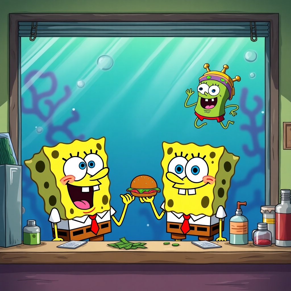 Illustration of SpongeBob SquarePants and Mr. Krabs behind a counter. SpongeBob is holding a burger. Plankton peeks through a window.