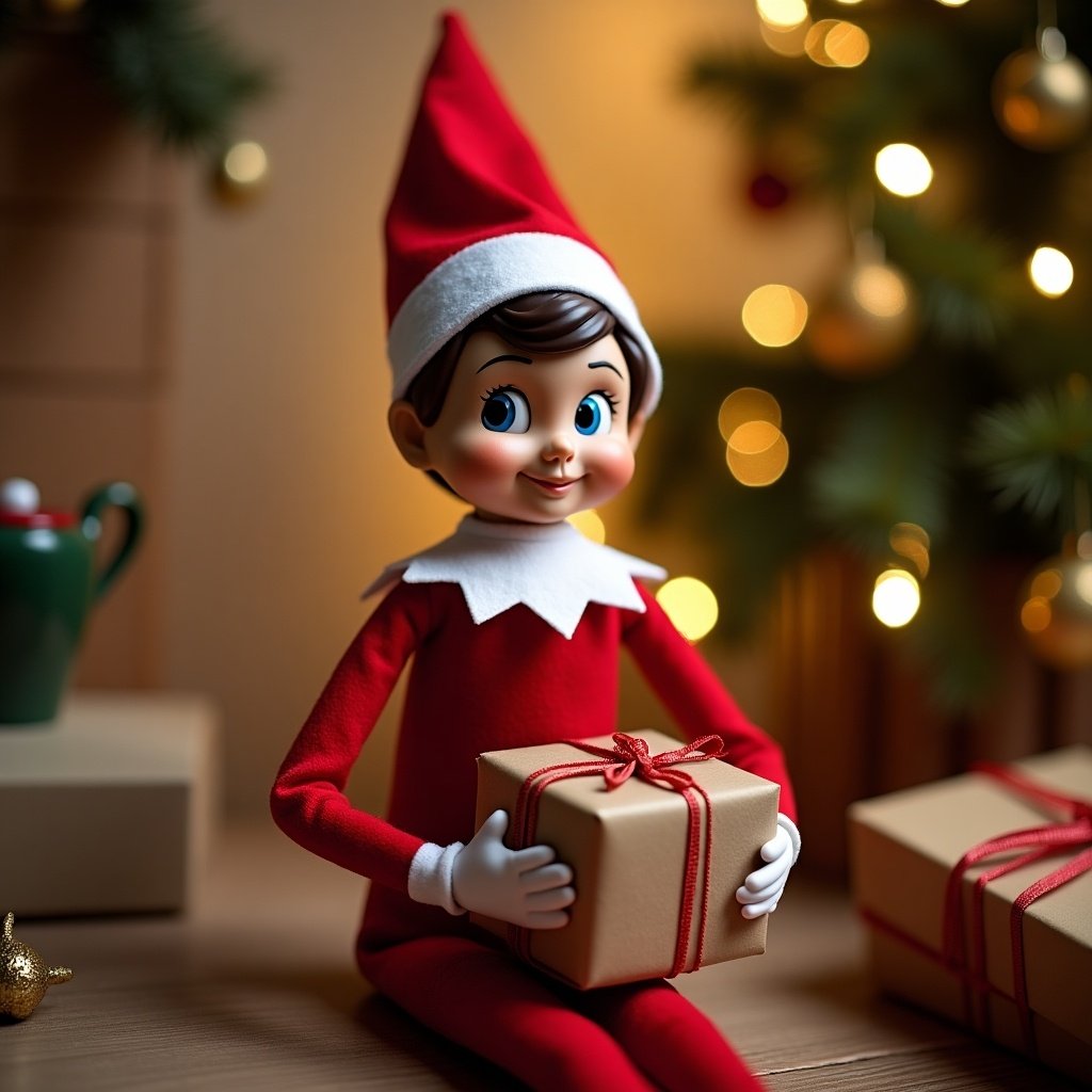 This image features a charming elf figure, dressed in a classic red and white outfit, seated with a wrapped gift in its hands. The background is adorned with Christmas ornaments and a decorated tree, enhancing the holiday spirit. Warm, soft lighting creates an inviting atmosphere, perfect for the festive season. The elf's cheerful expression adds to the playful nature of holiday traditions. This scene captures the essence of Christmas cheer and the joy of giving, appealing to both children and adults alike.