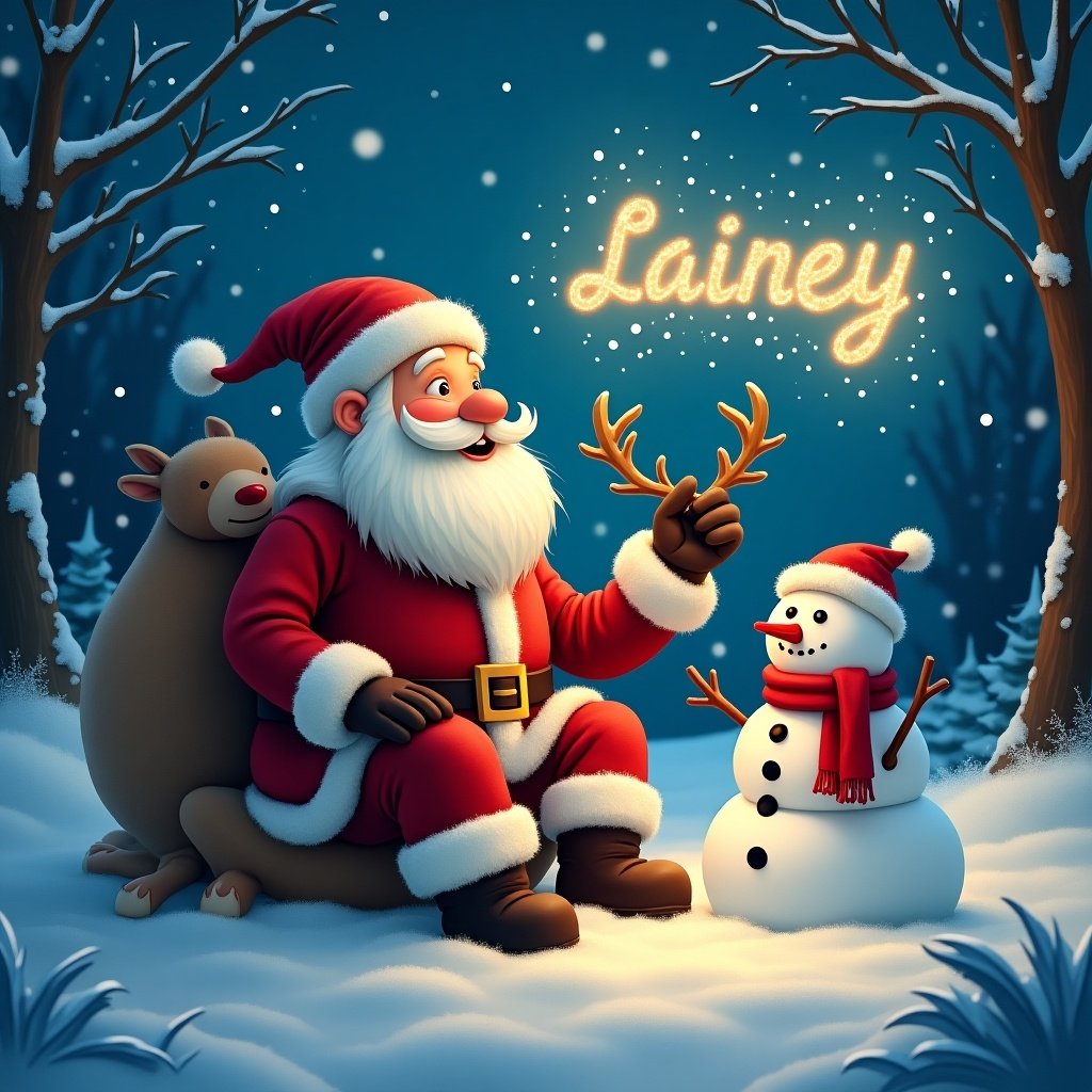 Image of Father Christmas and reindeer in a snowy woodland at night. Snowman beside them. Magical atmosphere with the name 'Lainey' in lights. Evokes Christmas joy.