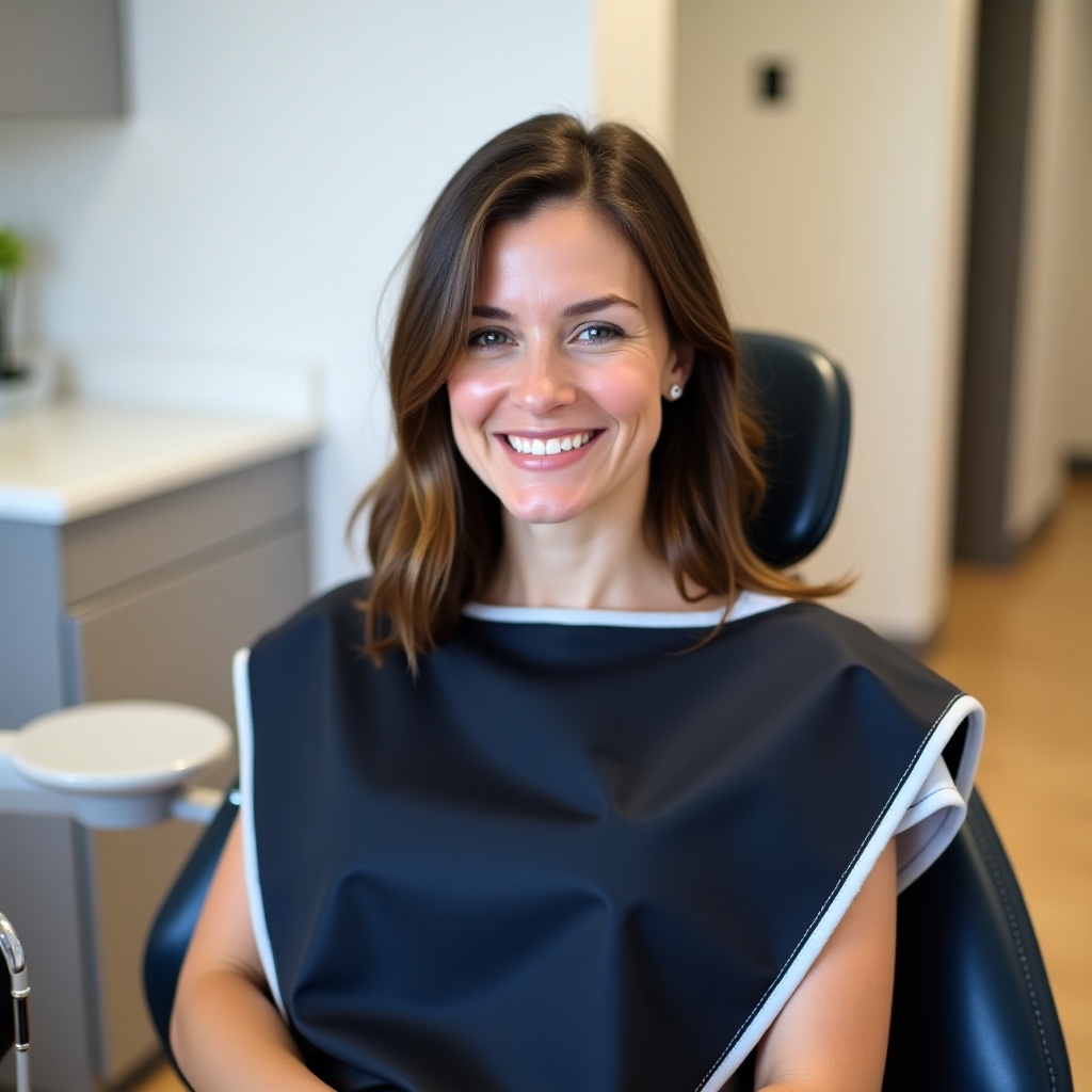 A woman seated comfortably in a dental chair. She smiles subtly. Wearing a dark dental bib with white edges. Hair is shoulder-length and neat. Dental office is clean and modern with light wooden flooring. The atmosphere is relaxed and professional.