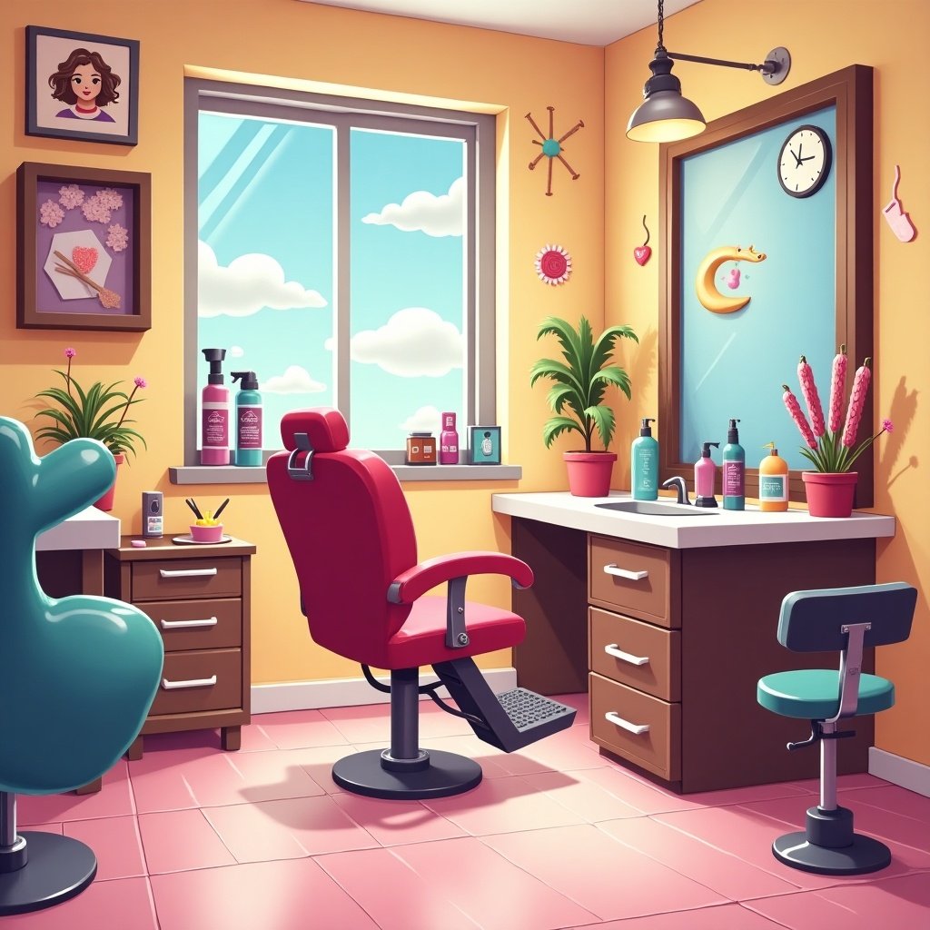 Cartoonish hair salon interior. Features red salon chair, plants, beauty products, and large window. Bright and cheerful atmosphere.