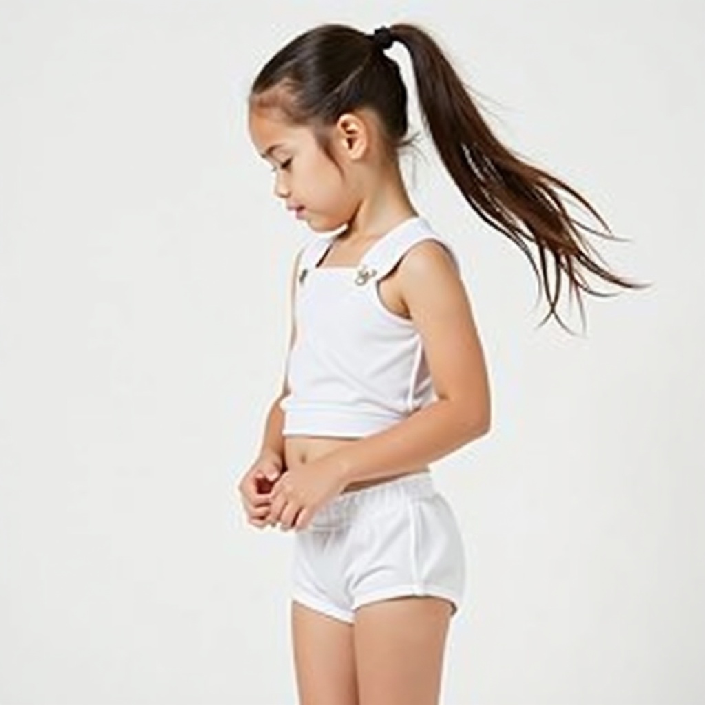 The image shows a young girl with long hair tied back in a ponytail. She is wearing a white two-piece outfit consisting of a crop top and shorts. The girl stands with a slight profile to the side, looking down.