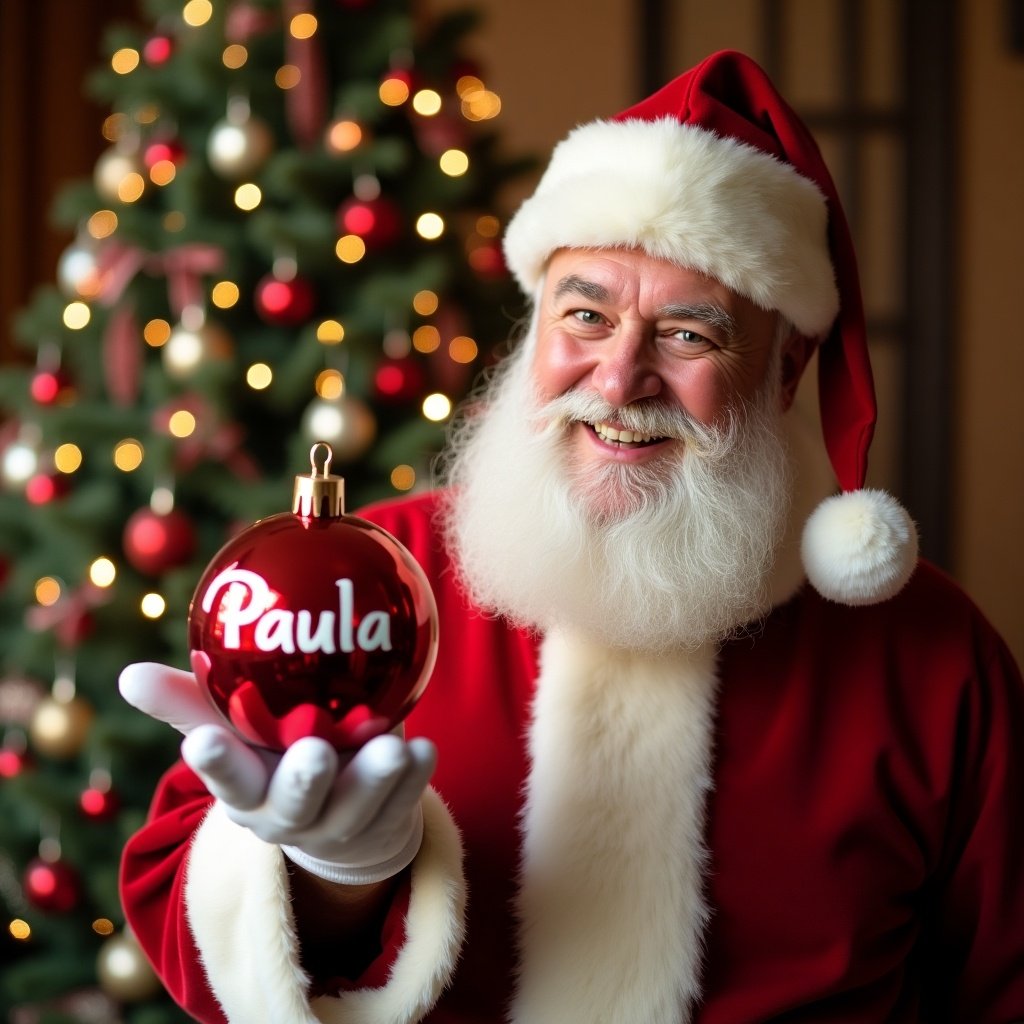 A joyful Santa Claus dressed in red and white attire smiling while holding a shiny red bauble with the name Paula. In the background, a decorated Christmas tree is visible. The atmosphere is warm and festive with a cozy feeling capturing the essence of holiday joy and gift giving.