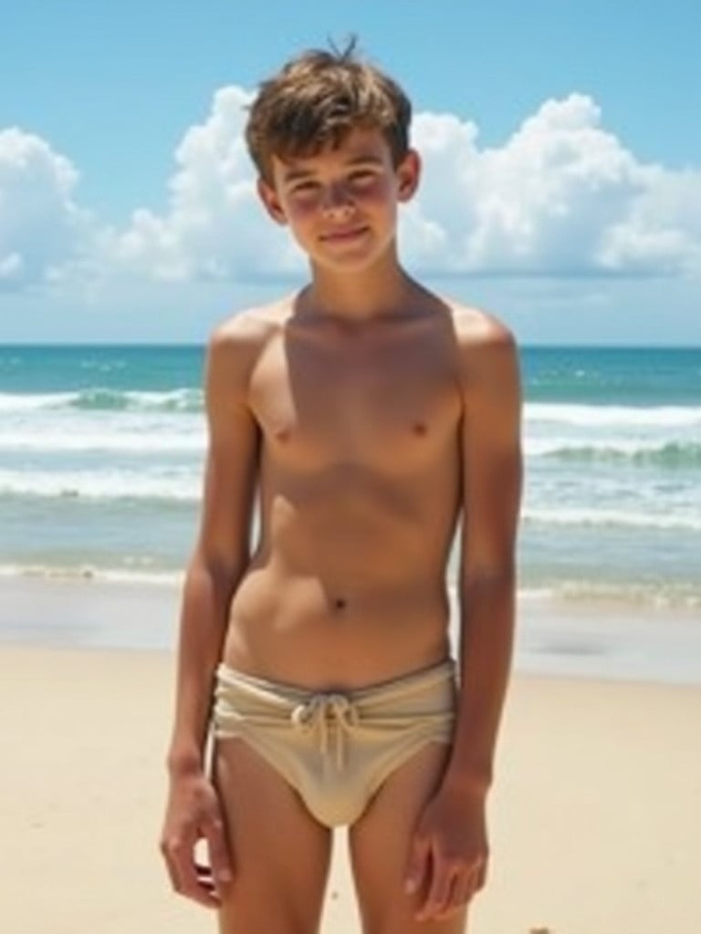 A young muscular slim teenage boy is at the beach wearing a beige g-string style loincloth. The beach is sandy with a clear blue ocean in the background. Sunshine illuminates the scene.