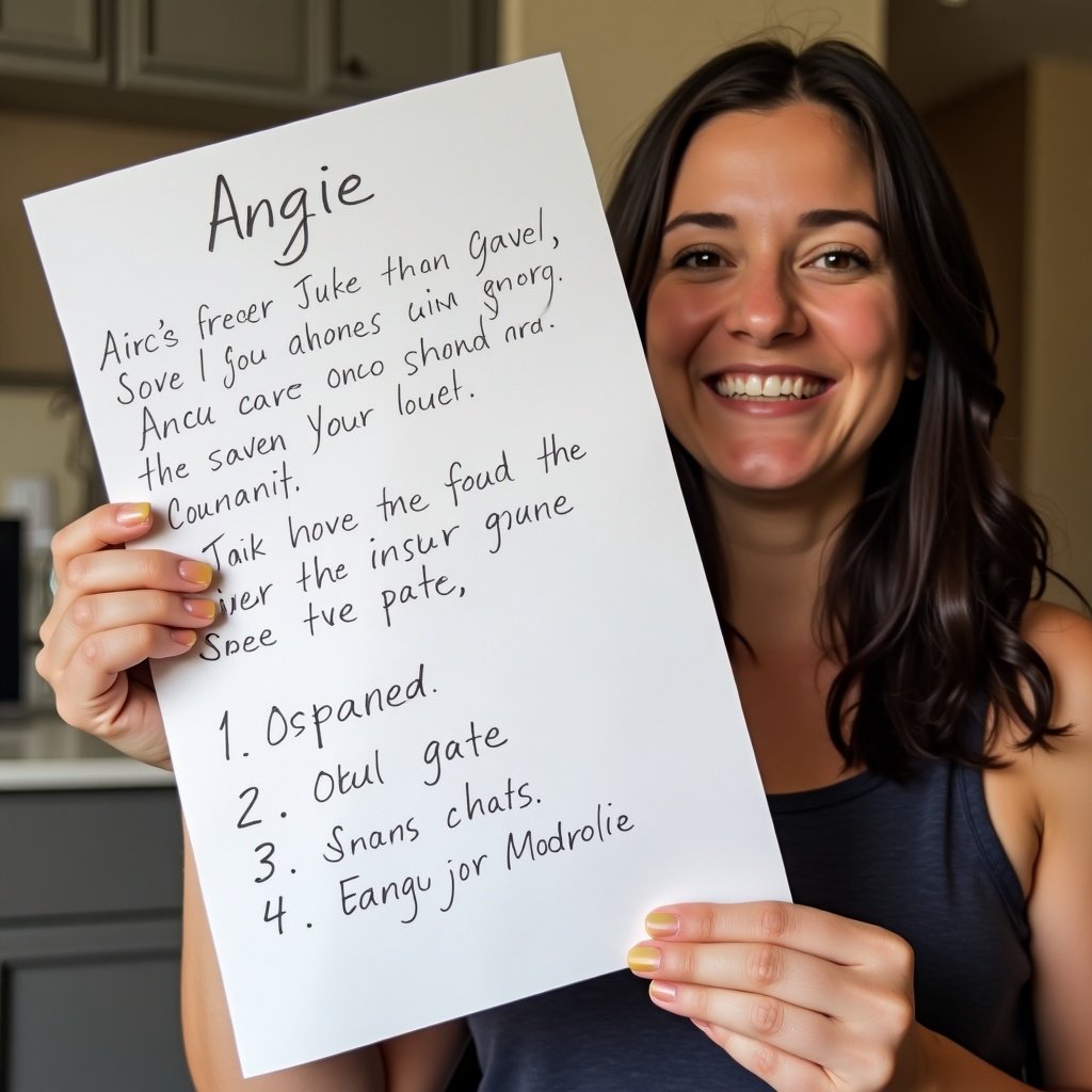 A person holds a handwritten note. The note includes the text 'Angie'. The individual is smiling and holding the paper with their right arm fully visible. The setting appears cozy and inviting.