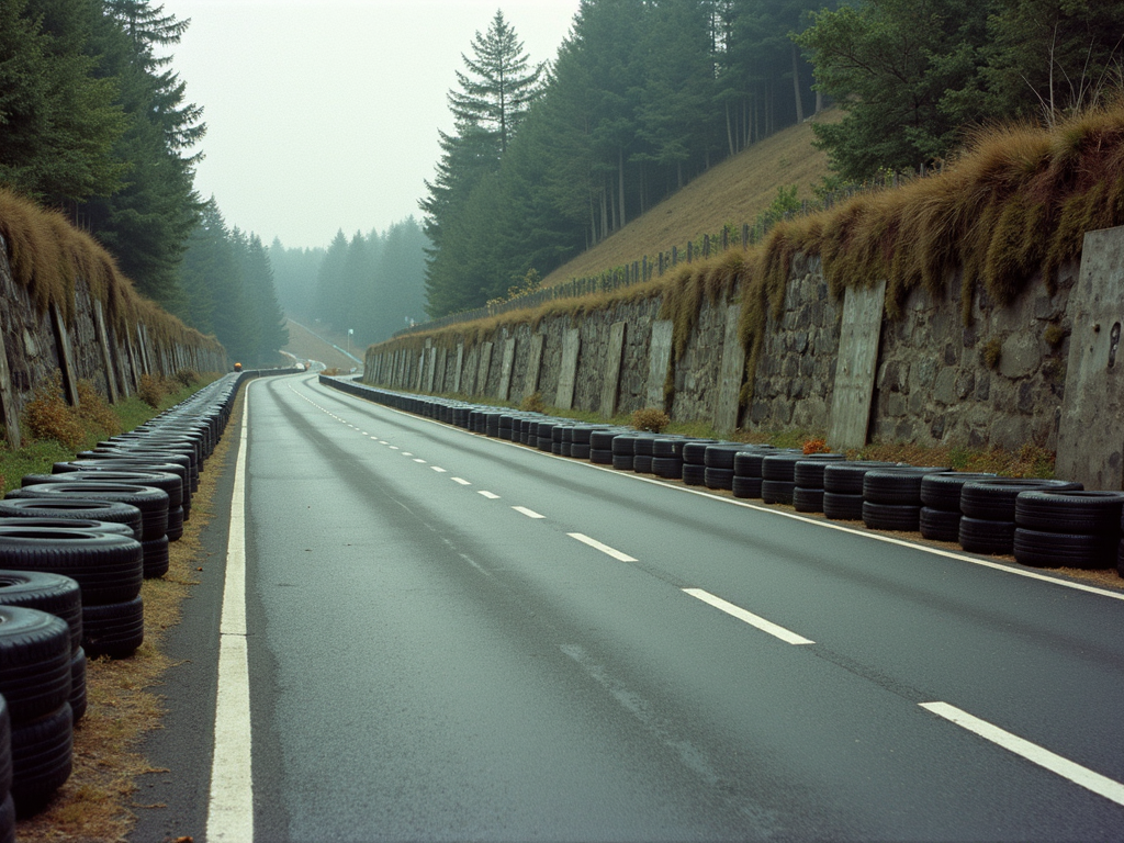 A deserted, wet road flanked by stacks of tires and lush greenery, stretching into a misty forest.