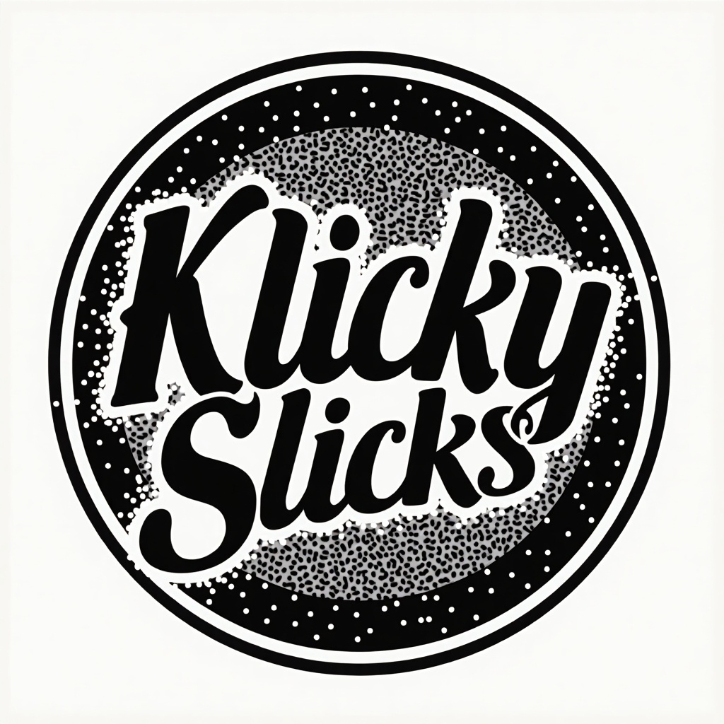 This image features a circular logo design. The logo has the name 'Klicky Slicks' prominently displayed in bold typography. The color scheme is primarily black and white, creating a striking contrast. The background features a dot pattern that enhances the circular shape. This logo could be used for various branding purposes, from clothing to dining establishments.