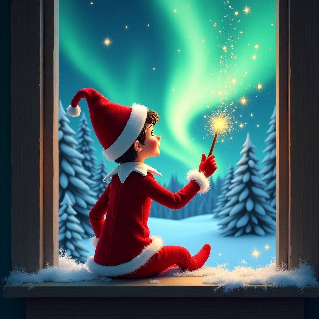 An elf on the shelf sits on a window ledge. Elf has back turned to viewer. Elf uses wand to create twinkling sparks. Behind elf is a display of northern lights. Surrounding scene has snow-covered pine trees. Elf wears a red outfit with white trim. The image captures a festive holiday feel.