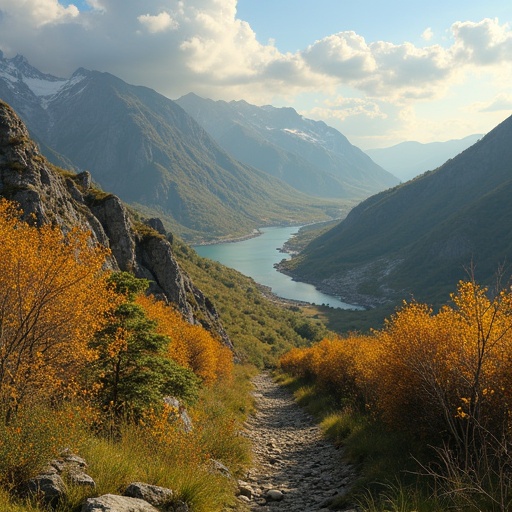 Autumn landscape with mountains and a winding river under a bright sky. A winding trail leads through vibrant foliage.