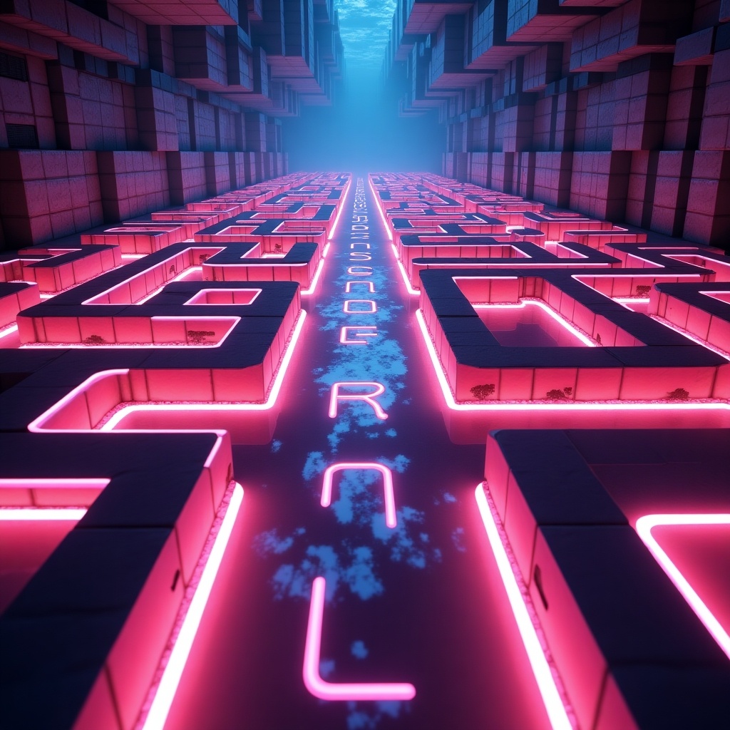 A vast animated cinematic interior features a glowing 3D Minecraft-inspired maze that appears in a floating space environment. The maze has radiant neon pathways brilliantly shaped like the letters of the alphabet, which adds an intriguing element. As viewers progress through the maze, the colors shift in a mesmerizing sci-fi palette, with vibrant blues, purples, and pinks illuminating the surroundings. The animation creates a dynamic experience as it carefully guides you through the intricate pathways. This immersive visual journey captures the essence of futuristic design and creativity.