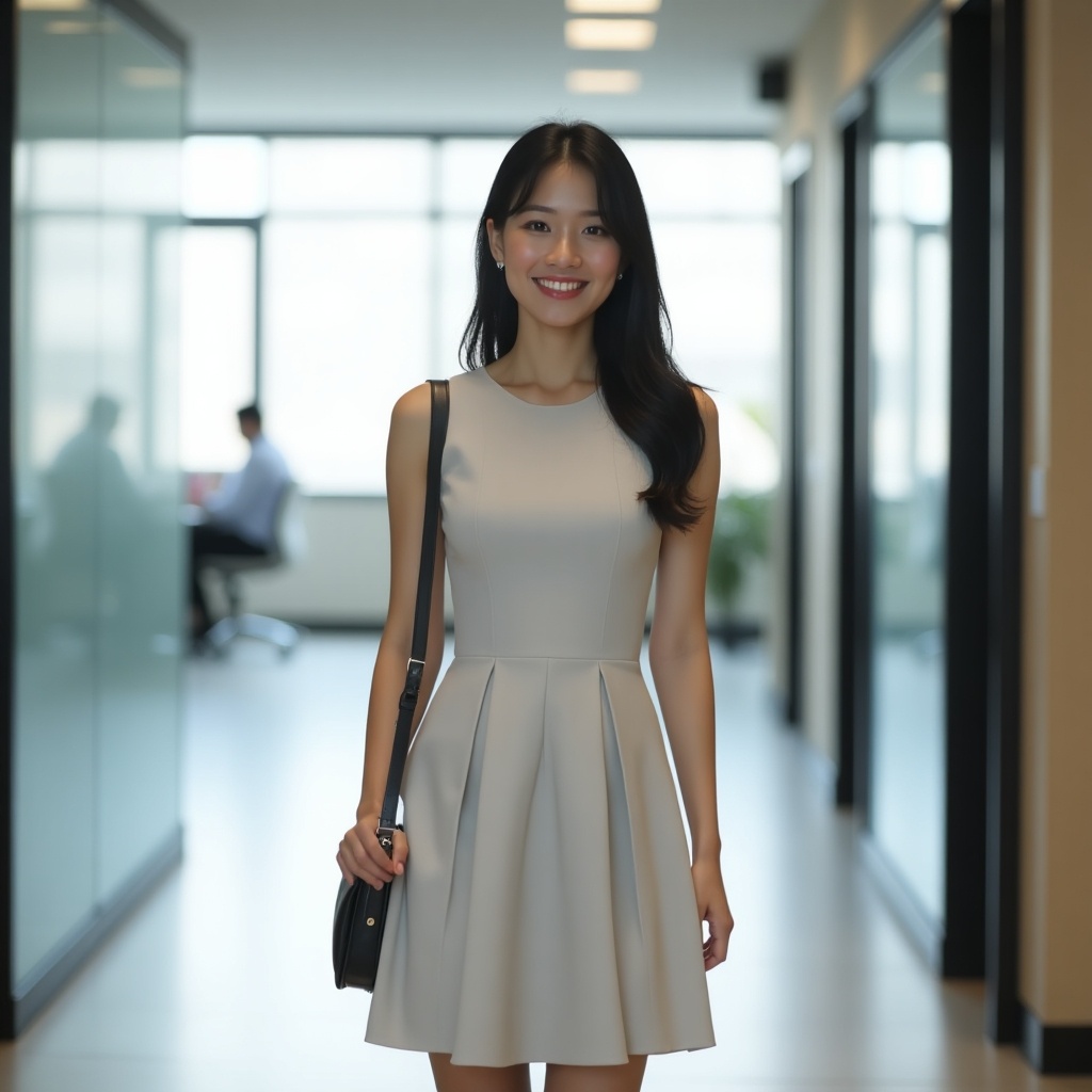 The image showcases a Japanese office lady confidently walking down a modern office corridor. She is wearing a stylish short light gray dress that highlights her professional appearance. The background features smooth glass walls and a bright ambiance created by natural light coming through large windows. Her friendly smile and positive demeanor suggest confidence and approachability. The setting reflects a busy work environment, adding to the professional theme of the image.