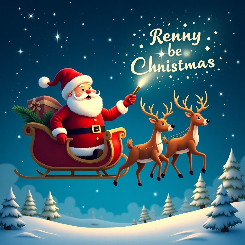 Illustration of Santa Claus riding a sleigh. He holds a magic wand that writes names in the stars. Two reindeer fly alongside him. A snowy landscape is below. The theme is Christmas.