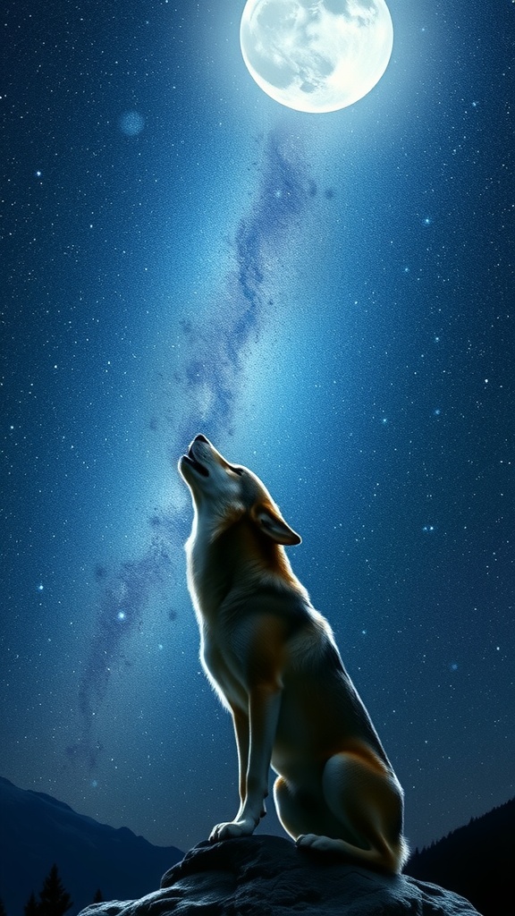 A wolf howling at the moon set against a star-filled night sky.