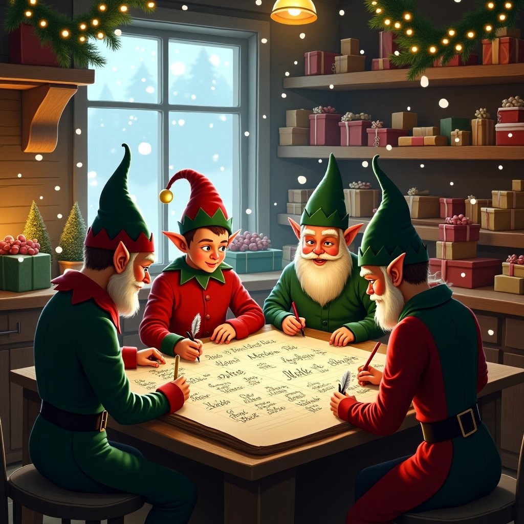 Santa's elves are busy writing names on a good list in a cozy workshop filled with holiday decorations and gifts.