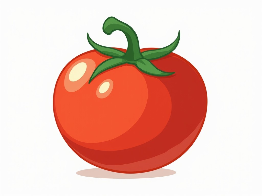 This image is a digital illustration of a ripe, red tomato with a shiny surface and vivid green leaves at the top. The shading and highlights give it a sense of volume and freshness, while a subtle shadow beneath implies a light source from above. The cartoon style of this image suggests simplicity and a playful character.